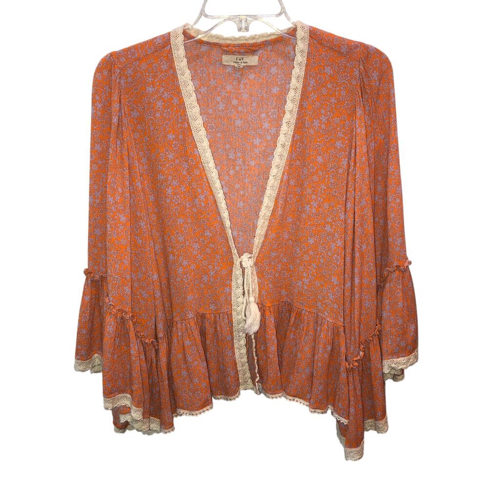 Chelsea Violet C V Womens XS Orange Floral Boho Lace Trim Ruffle Kimono Cardigan